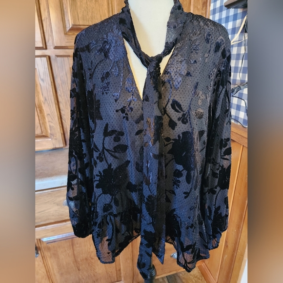 Express Black Velvet Floral Long Sleeve Blouse Size XL NWT - Picture 3 of 12